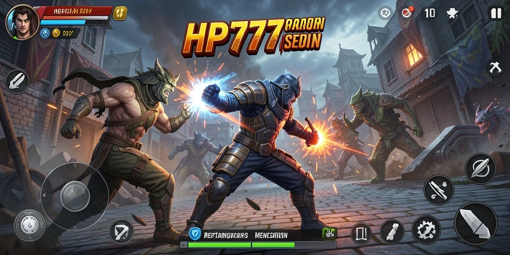 Tangkapan layar gameplay HP777 yang menunjukkan pertarungan intens dan karakter unik.