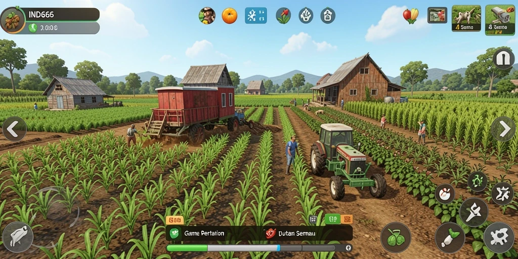 Gameplay seru di IND666 dengan pertanian yang rimbun.
