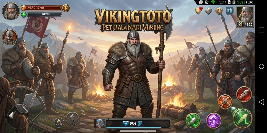 Tangkapan layar gameplay menunjukkan aksi seru dalam petualangan Viking.